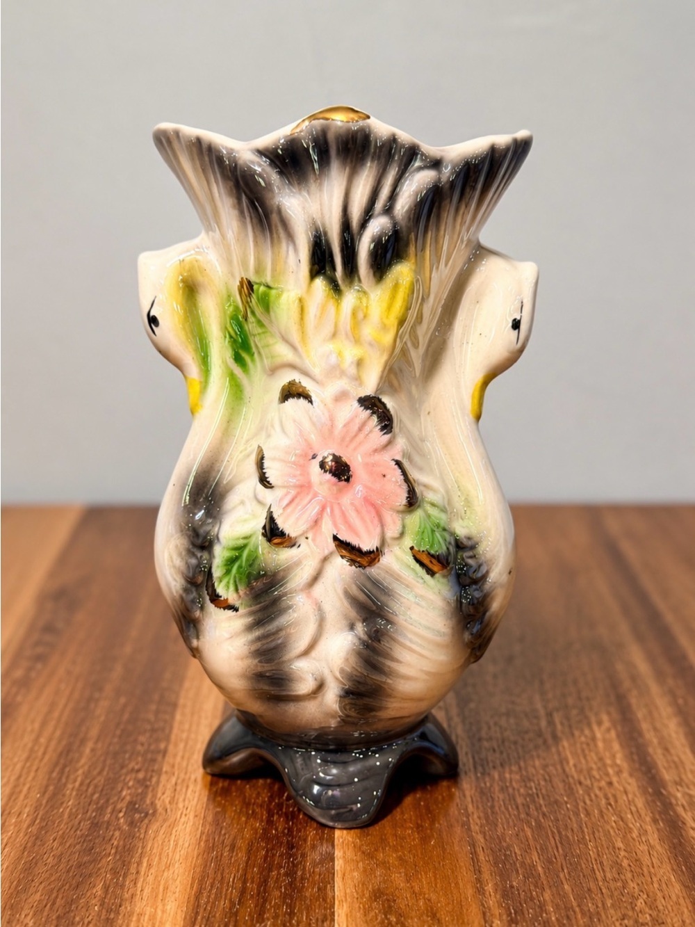 1960s Vintage Floral Ceramic Vase in Cream, Pink, Green, Black